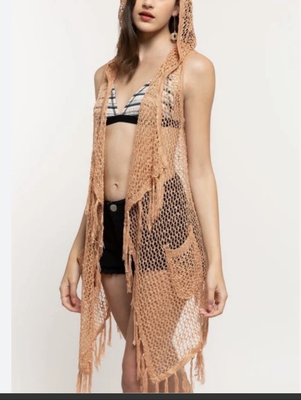 POL Crochet Hooded Swim Coverup in camel color size M great condition